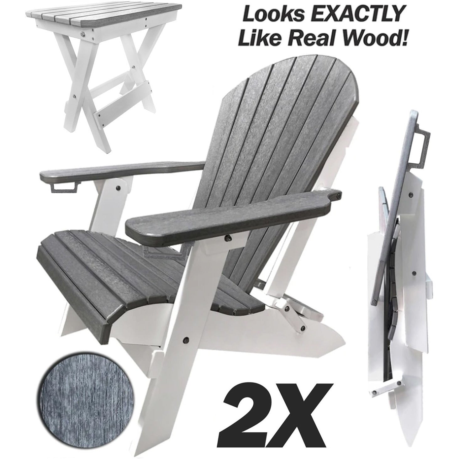 Set of 2 - DuraWeather Poly® Unwind Edition King Size Folding Adirondack Chairs With Built In Cupholders + 1 Folding End Table With Removable Tray