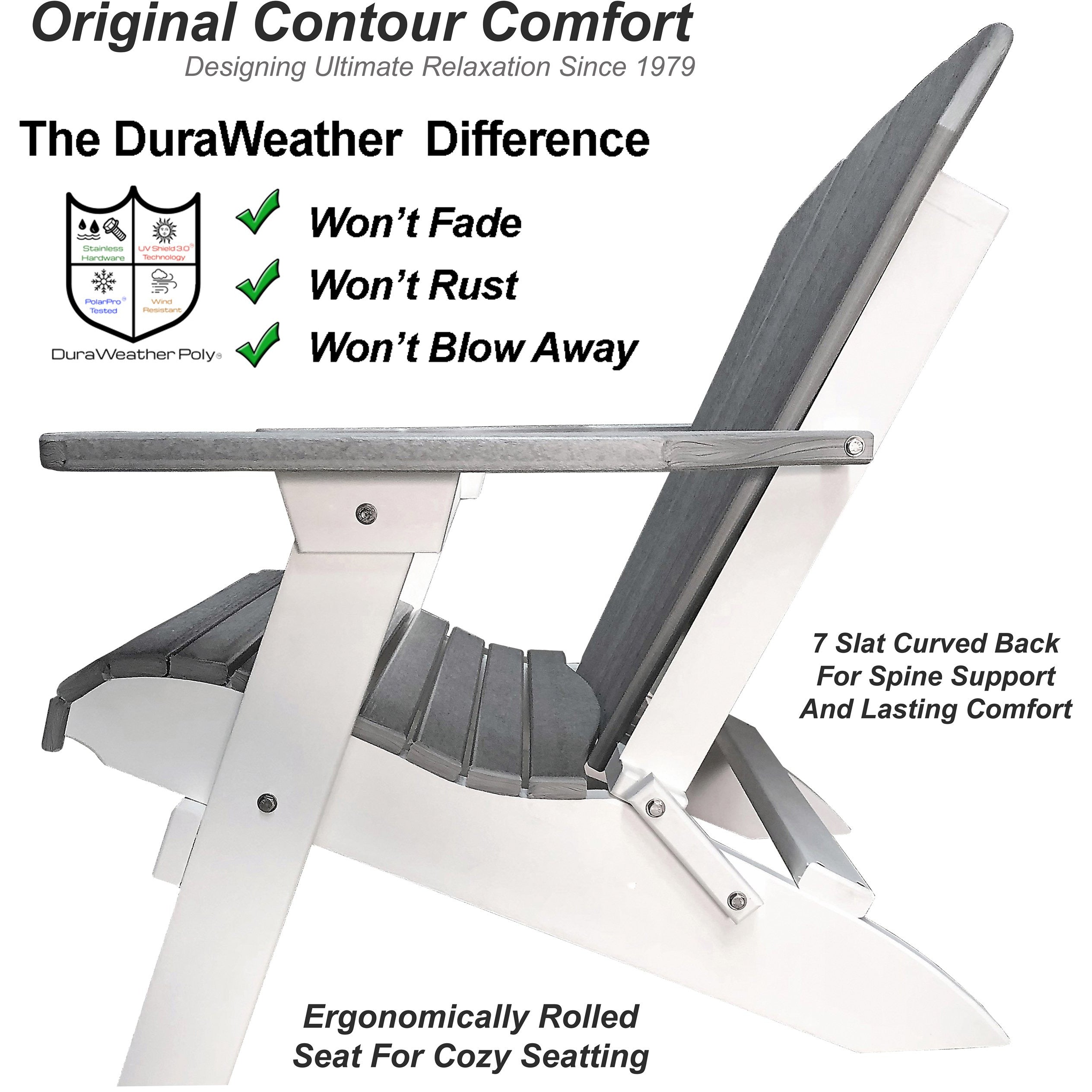 DuraWeather Poly&reg; King Size Folding Adirondack Chair - Exclusive Wood Grain Poly-resin -(Driftwood Grey on White)