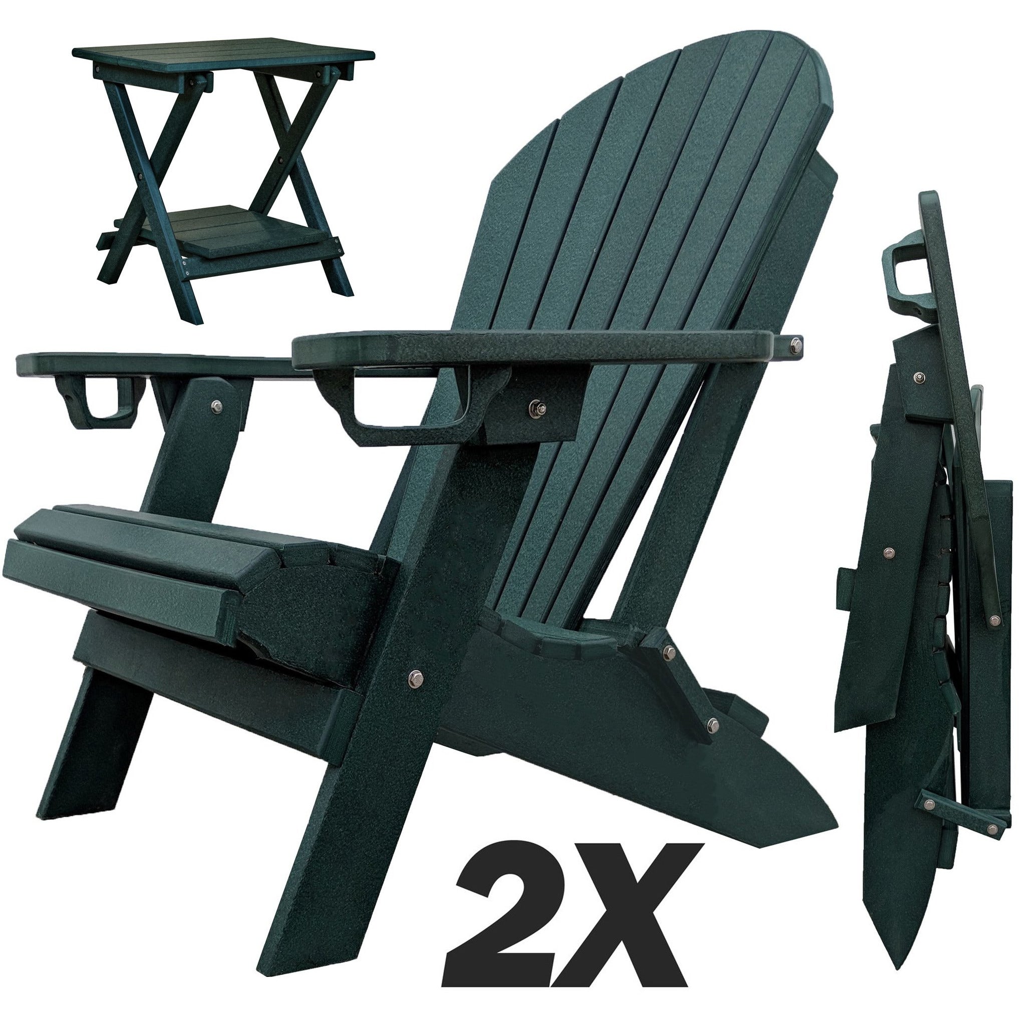 Set of 2 - DuraWeather Poly® Unwind Edition King Size Folding Adirondack Chairs With Built In Cupholders + 1 Folding End Table With Removable Tray