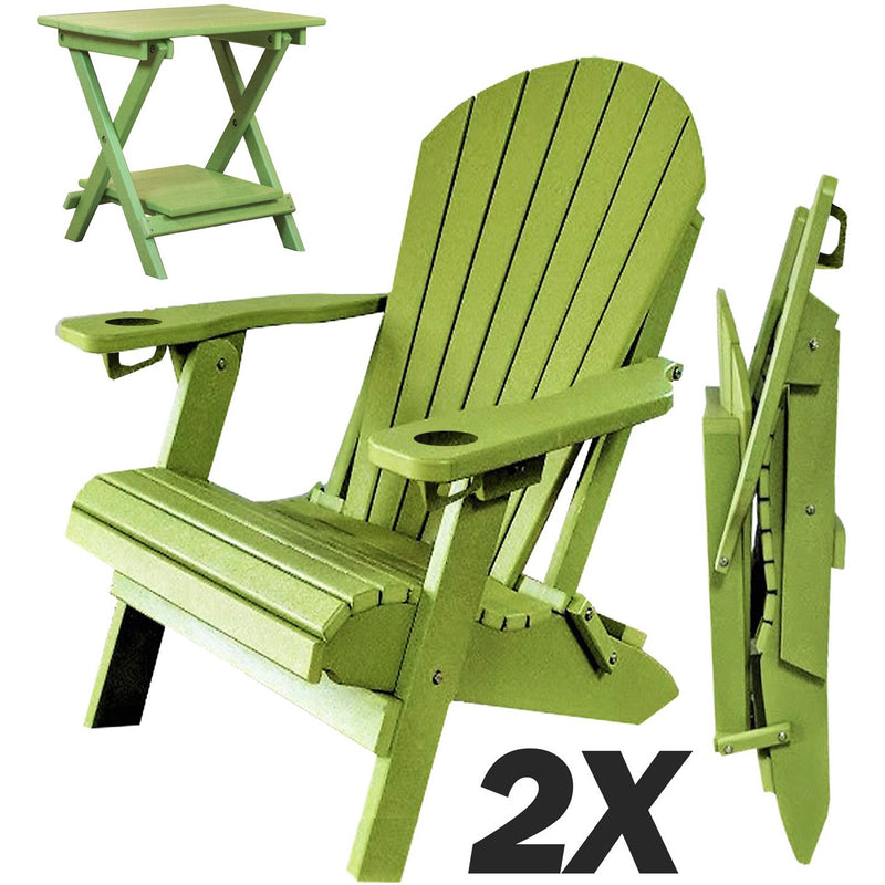 Set of 2 - DuraWeather Poly® Unwind Edition King Size Folding Adirondack Chairs With Built In Cupholders + 1 Folding End Table With Removable Tray