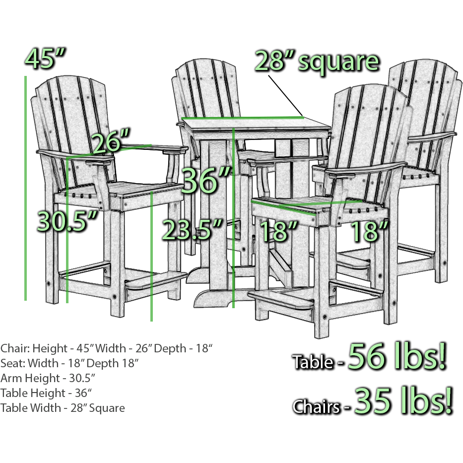 DURAWEATHER POLY® 5-Piece Upright Plantation Counter Height Dining Table Set (28"sq Table)