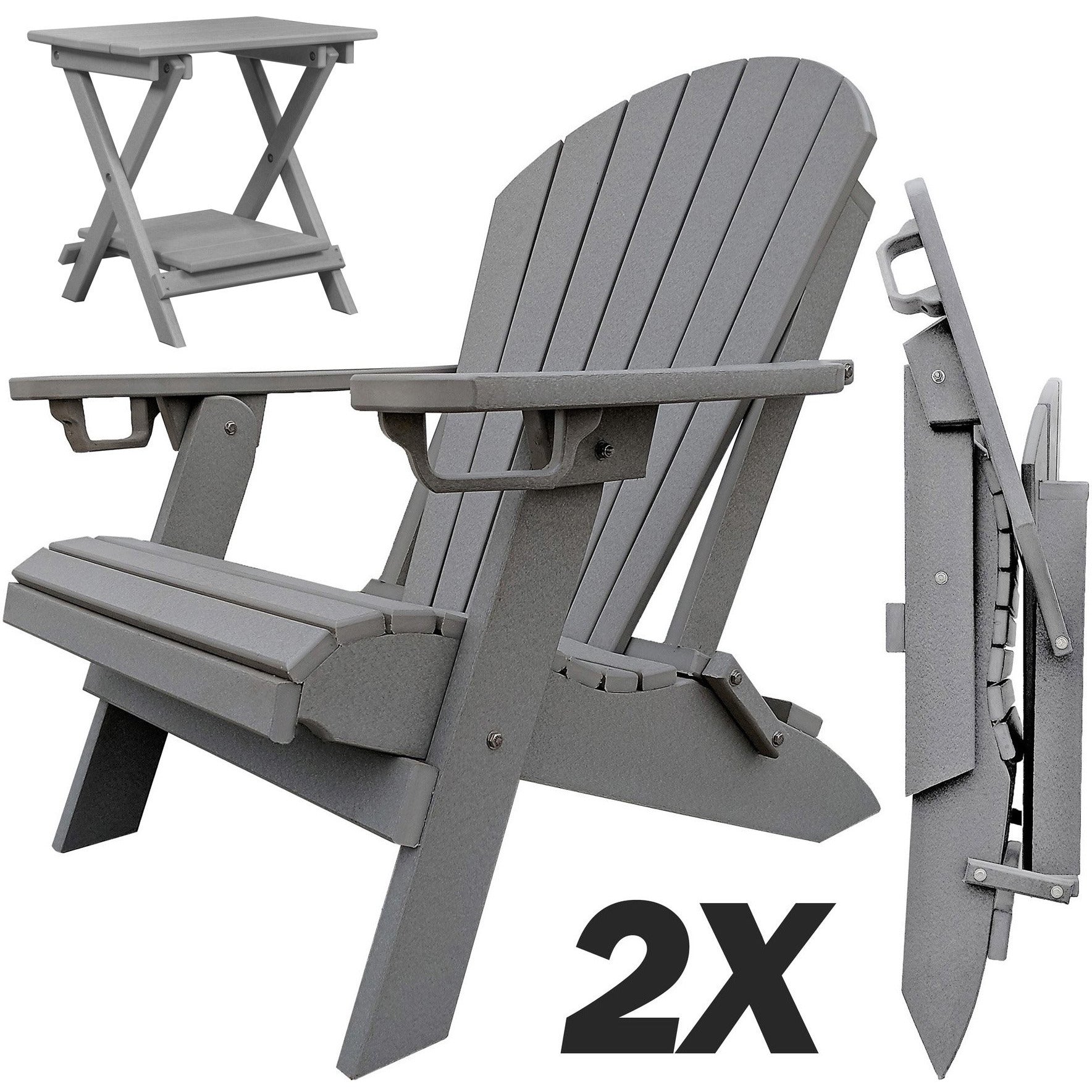 Set of 2 - DuraWeather Poly® Unwind Edition King Size Folding Adirondack Chairs With Built In Cupholders + 1 Folding End Table With Removable Tray