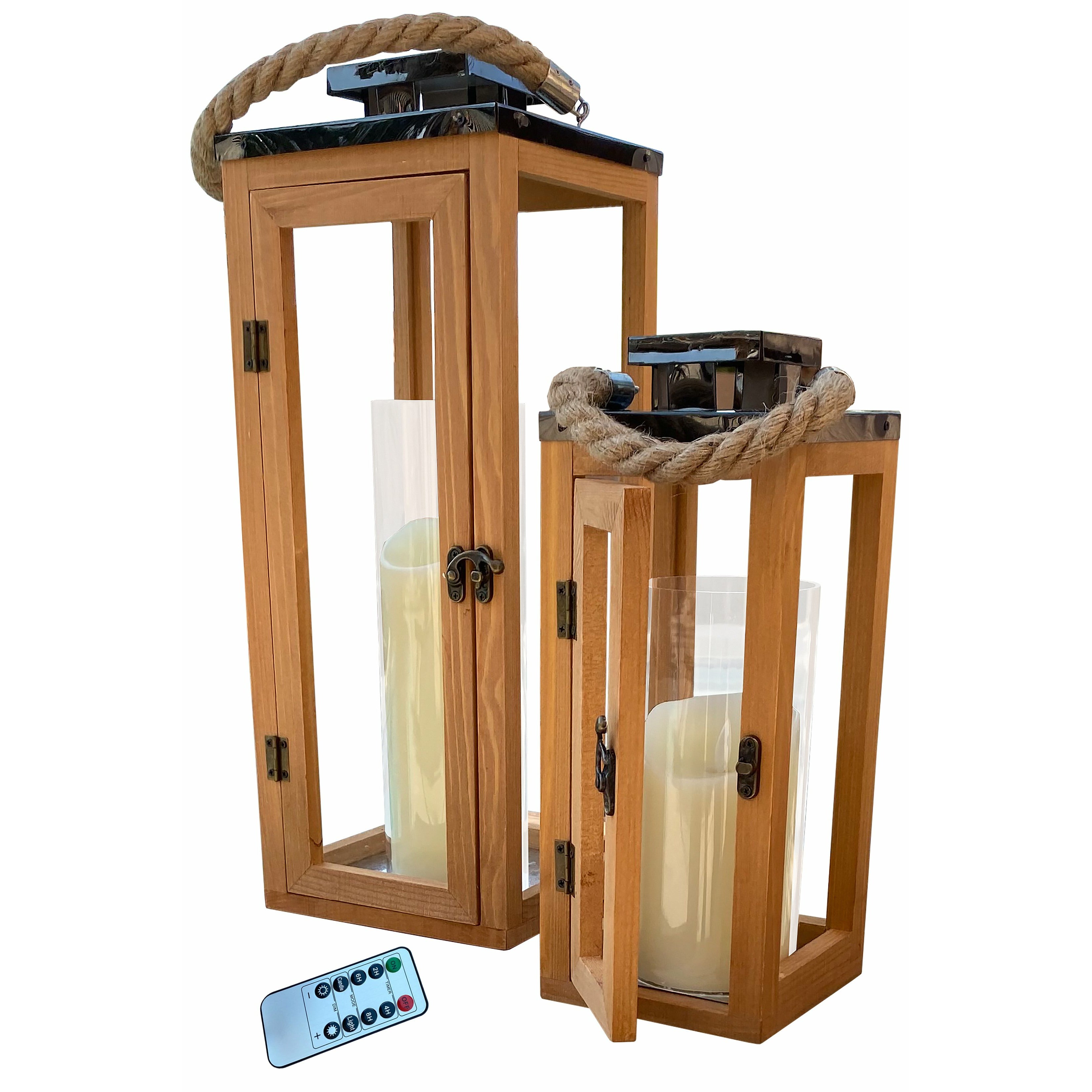 QUICK SHIP - Set of 2 - Remote Control Flickering Hardwood Rope Lanterns