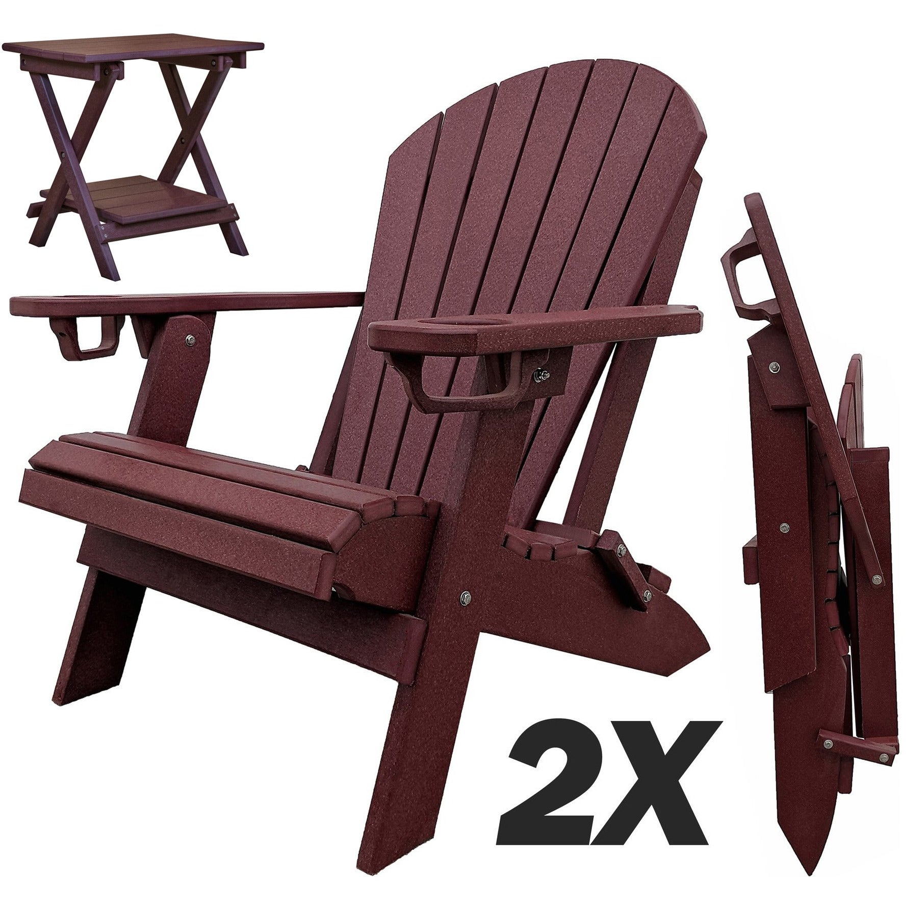 Set of 2 - DuraWeather Poly® Unwind Edition King Size Folding Adirondack Chairs With Built In Cupholders + 1 Folding End Table With Removable Tray