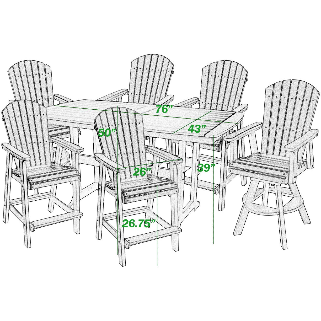 DURAWEATHER POLY® 7-Piece Lakeside Adirondack Dining Table Set With Two Swivel Chairs