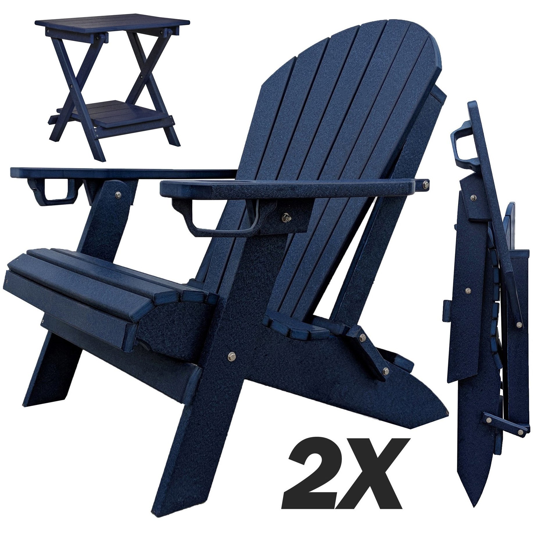 Set of 2 - DuraWeather Poly® Unwind Edition King Size Folding Adirondack Chairs With Built In Cupholders + 1 Folding End Table With Removable Tray