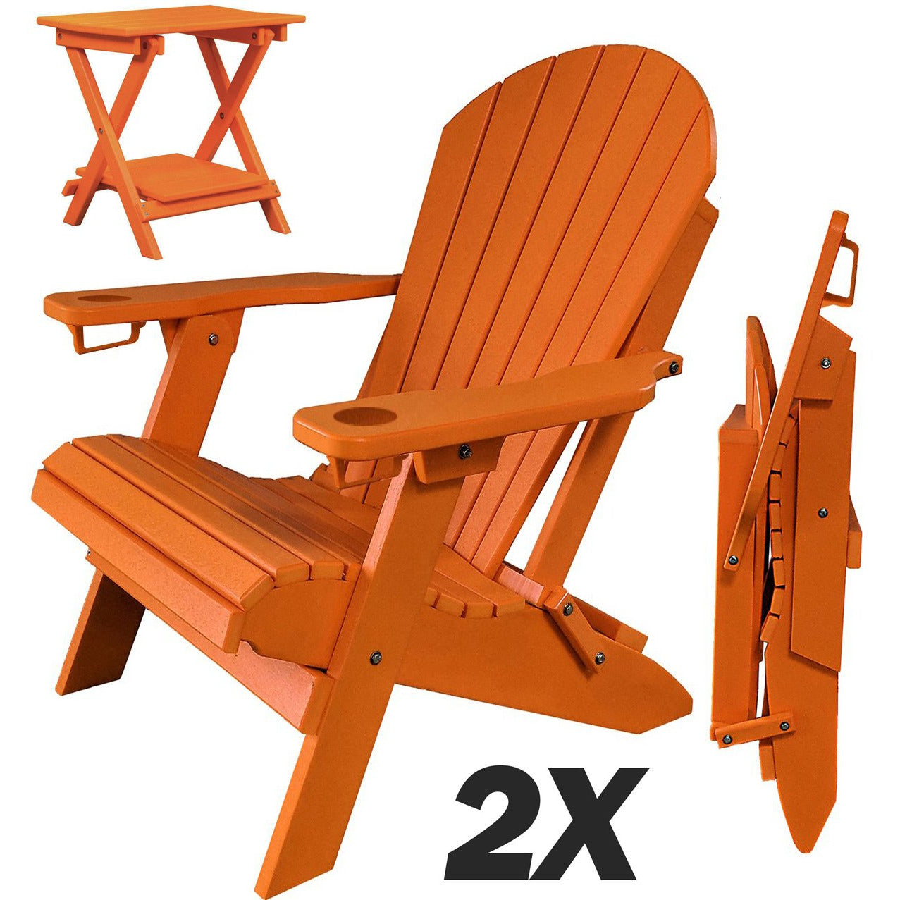 Set of 2 - DuraWeather Poly® Unwind Edition King Size Folding Adirondack Chairs With Built In Cupholders + 1 Folding End Table With Removable Tray