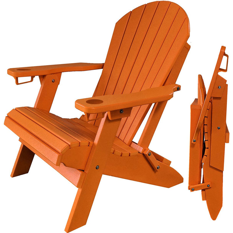 orange polywood folding adirondack chair with built in cupholders