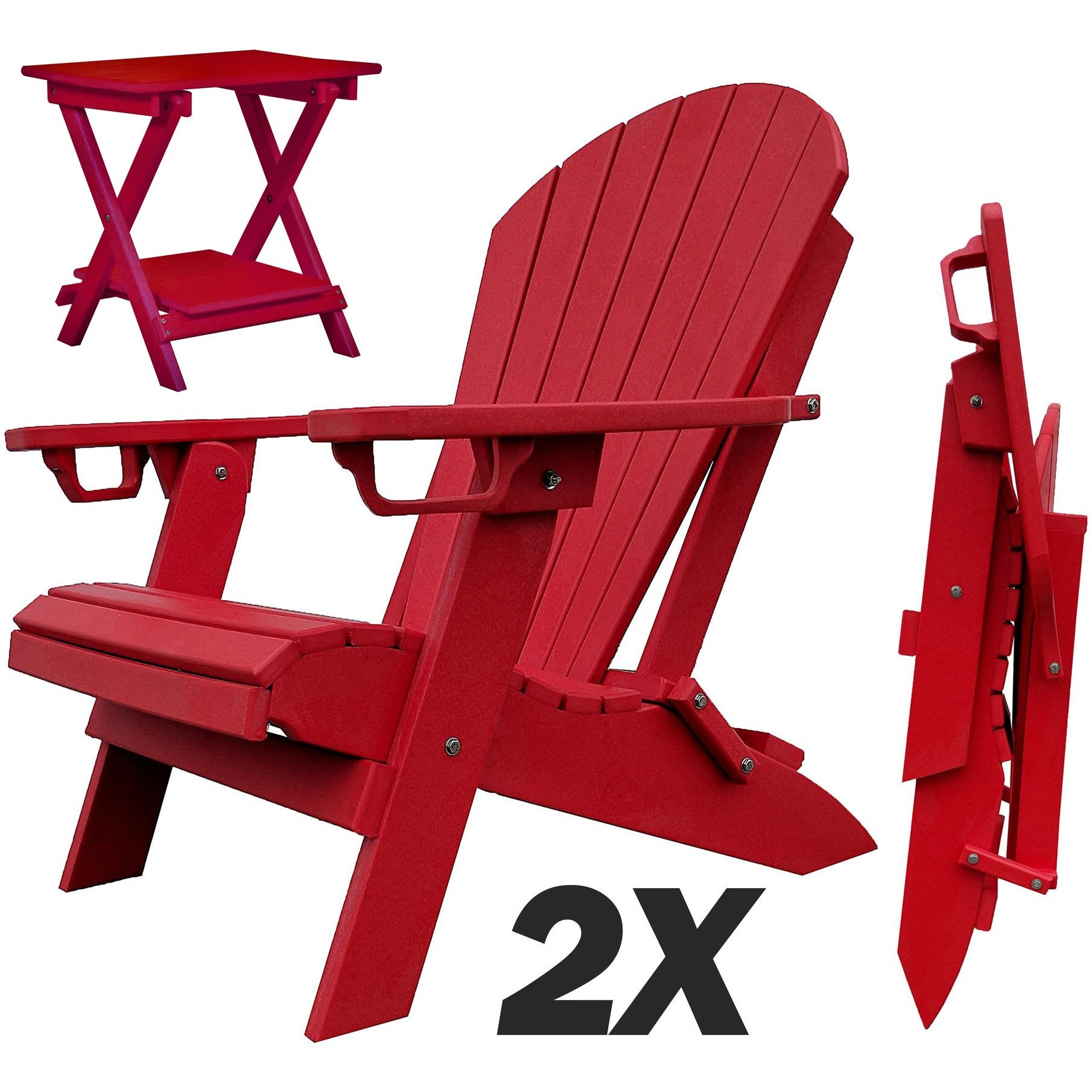 Set of 2 - DuraWeather Poly® Unwind Edition King Size Folding Adirondack Chairs With Built In Cupholders + 1 Folding End Table With Removable Tray