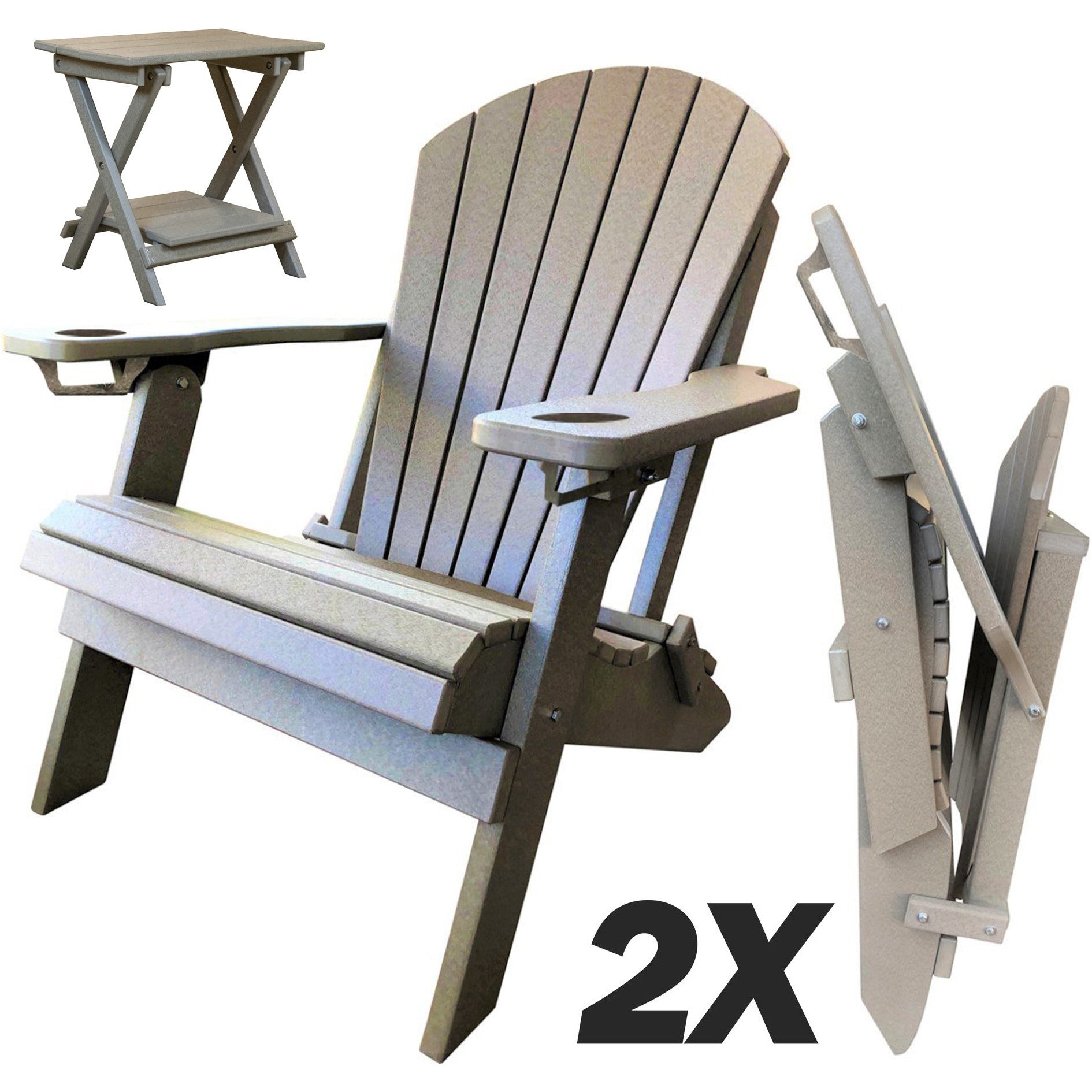 Set of 2 - DuraWeather Poly® Unwind Edition King Size Folding Adirondack Chairs With Built In Cupholders + 1 Folding End Table With Removable Tray