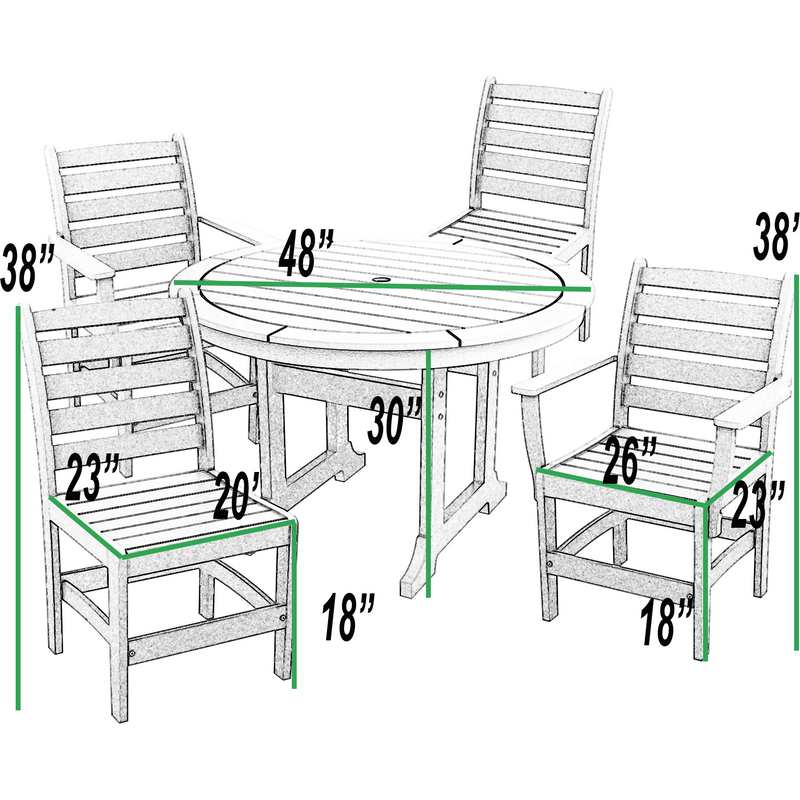 DuraWeather Poly® 5 pc. 48"rd Meadowbrook Dining Set with Two Dining Arm Chairs and Two Dining Side Chairs