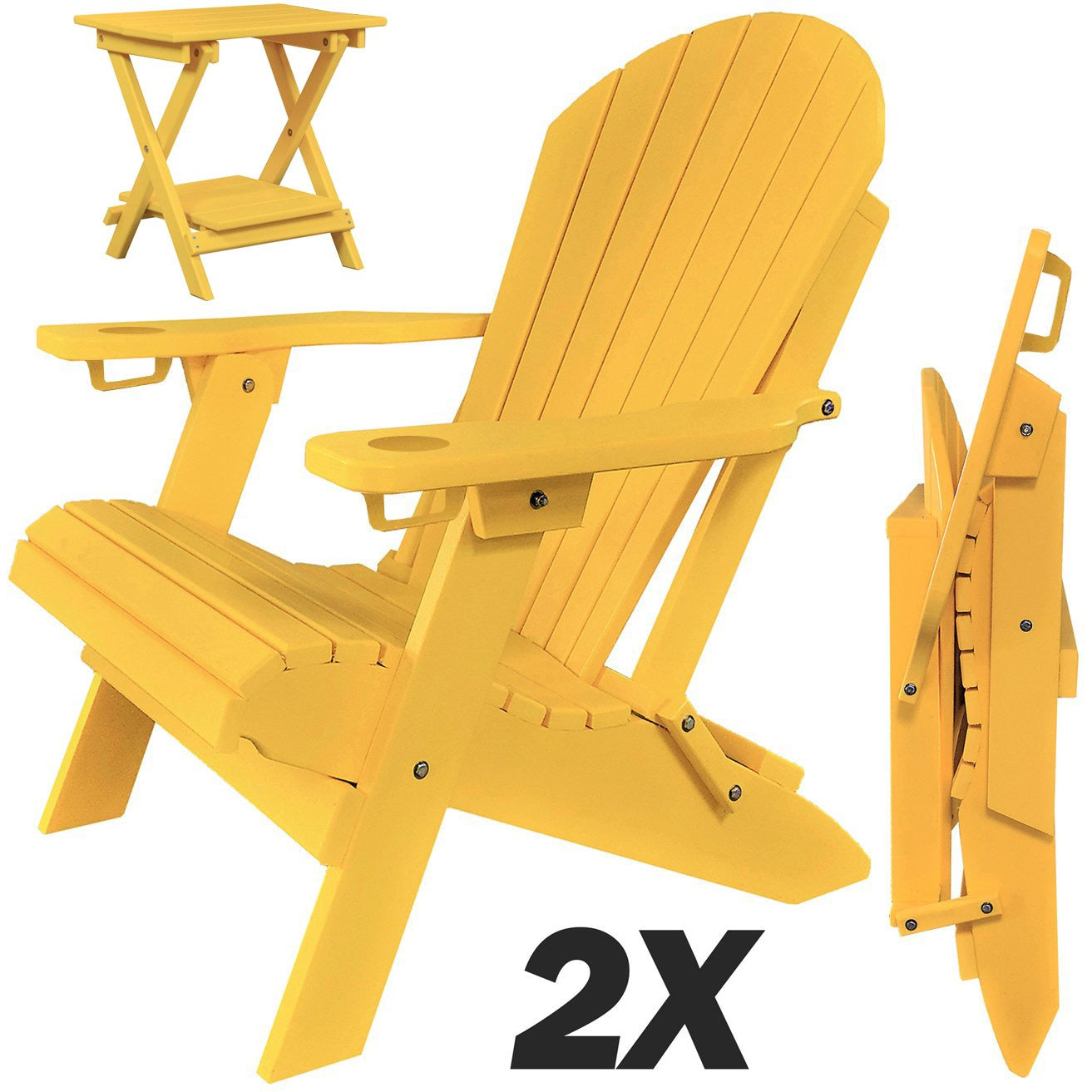 Set of 2 - DuraWeather Poly® Unwind Edition King Size Folding Adirondack Chairs With Built In Cupholders + 1 Folding End Table With Removable Tray