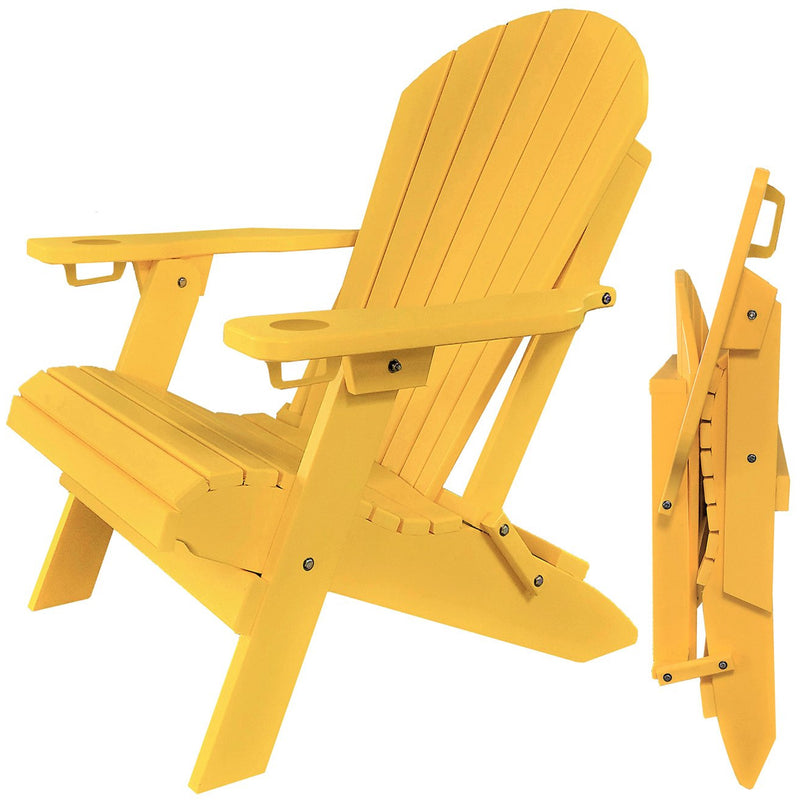 yellow polywood folding adirondack chair with built in cupholders