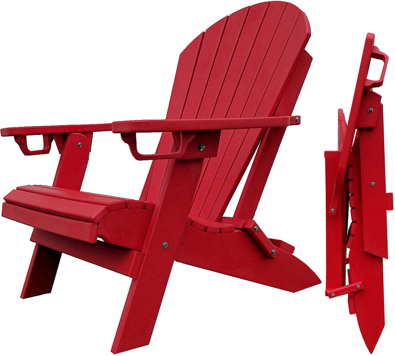 folding red poly adirondack chair with cupholders by duraweather