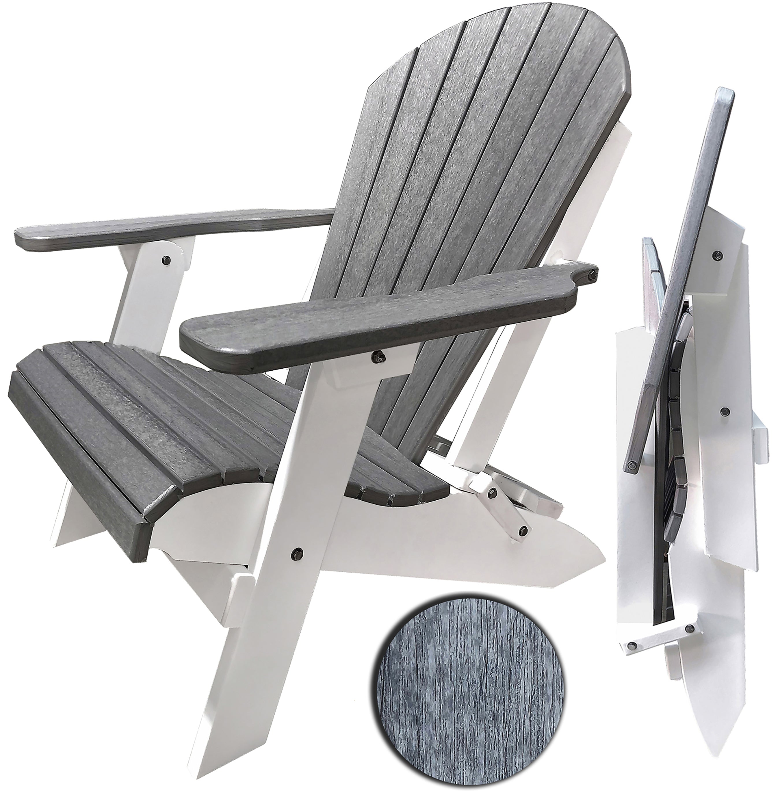 DuraWeather Poly&reg; King Size Folding Adirondack Chair - Exclusive Wood Grain Poly-resin -(Driftwood Grey on White)