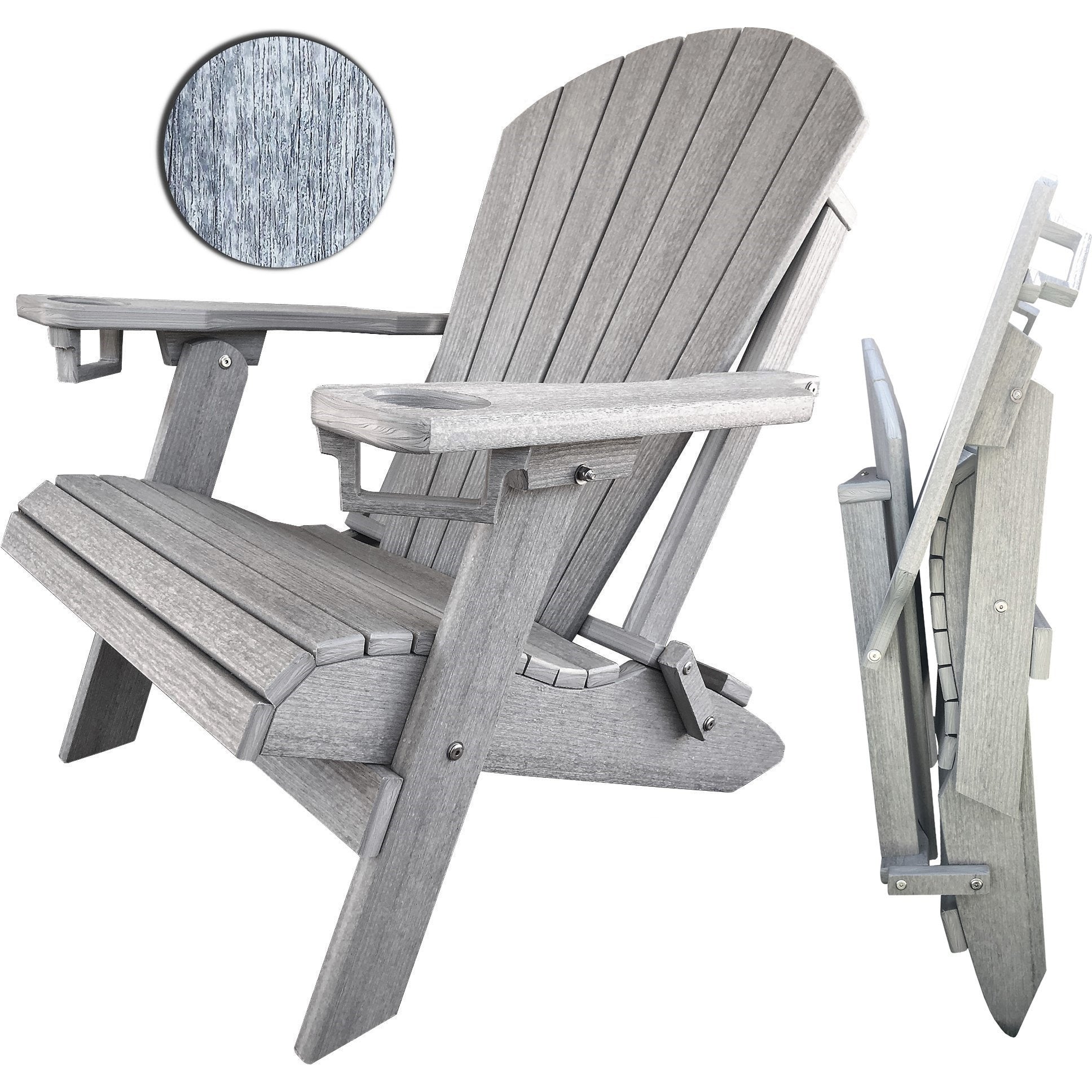 Set of 2 - DuraWeather Poly® Unwind Edition King Size Folding Adirondack Chairs With Built In Cupholders + 1 Folding End Table With Removable Tray