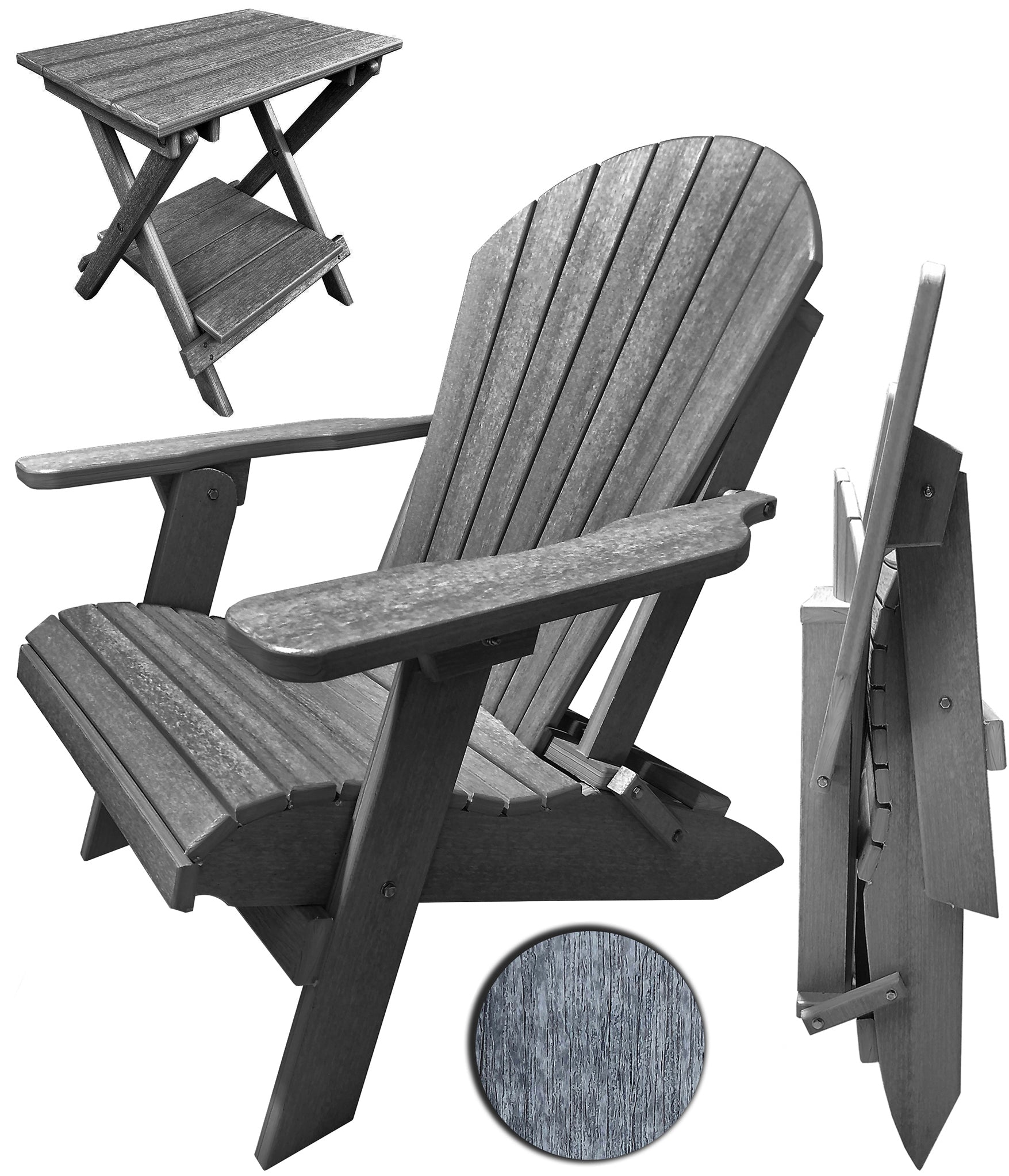 DURAWEATHER POLY® Set of 2 Folding Adirondack Chairs King Size + 1 Folding Side Table With Removable Tray