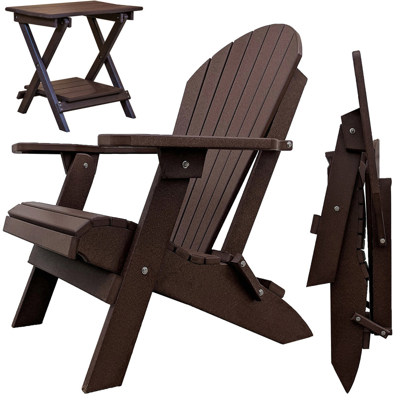 Set of 2 - DuraWeather Poly® King Size Folding Adirondack Chairs + 1 Folding End Table With Removable Tray